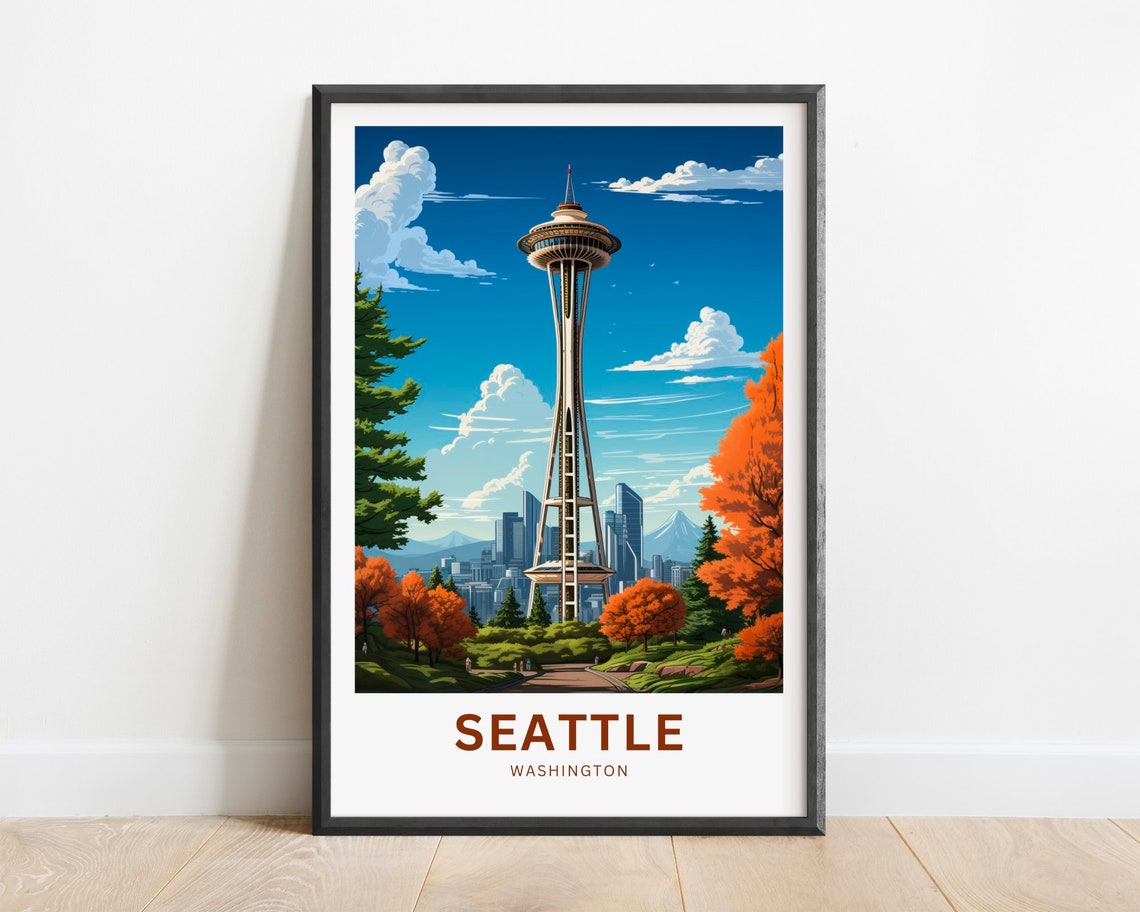 Seattle Space Needle Autumn Skyline Fall Foliage View Poster