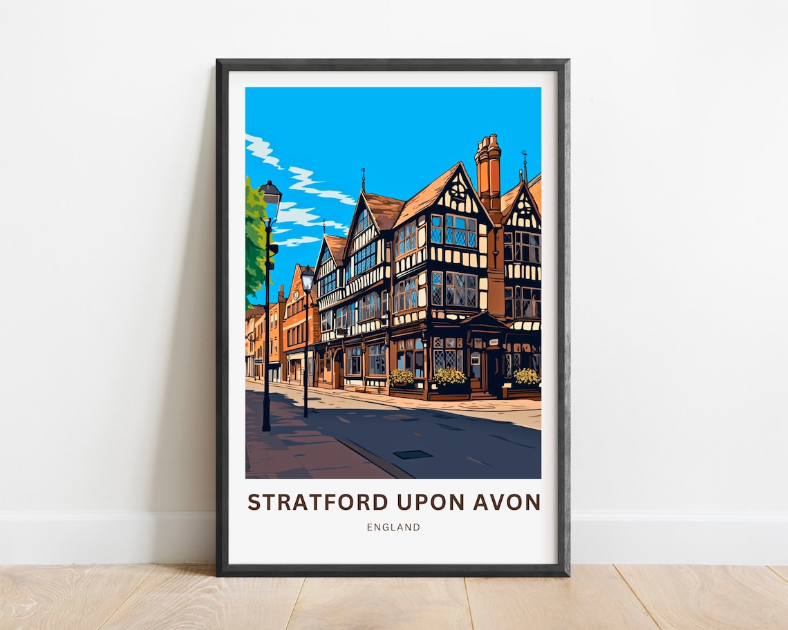 Stratford Upon Avon England Tudor Buildings Retro Travel Poster