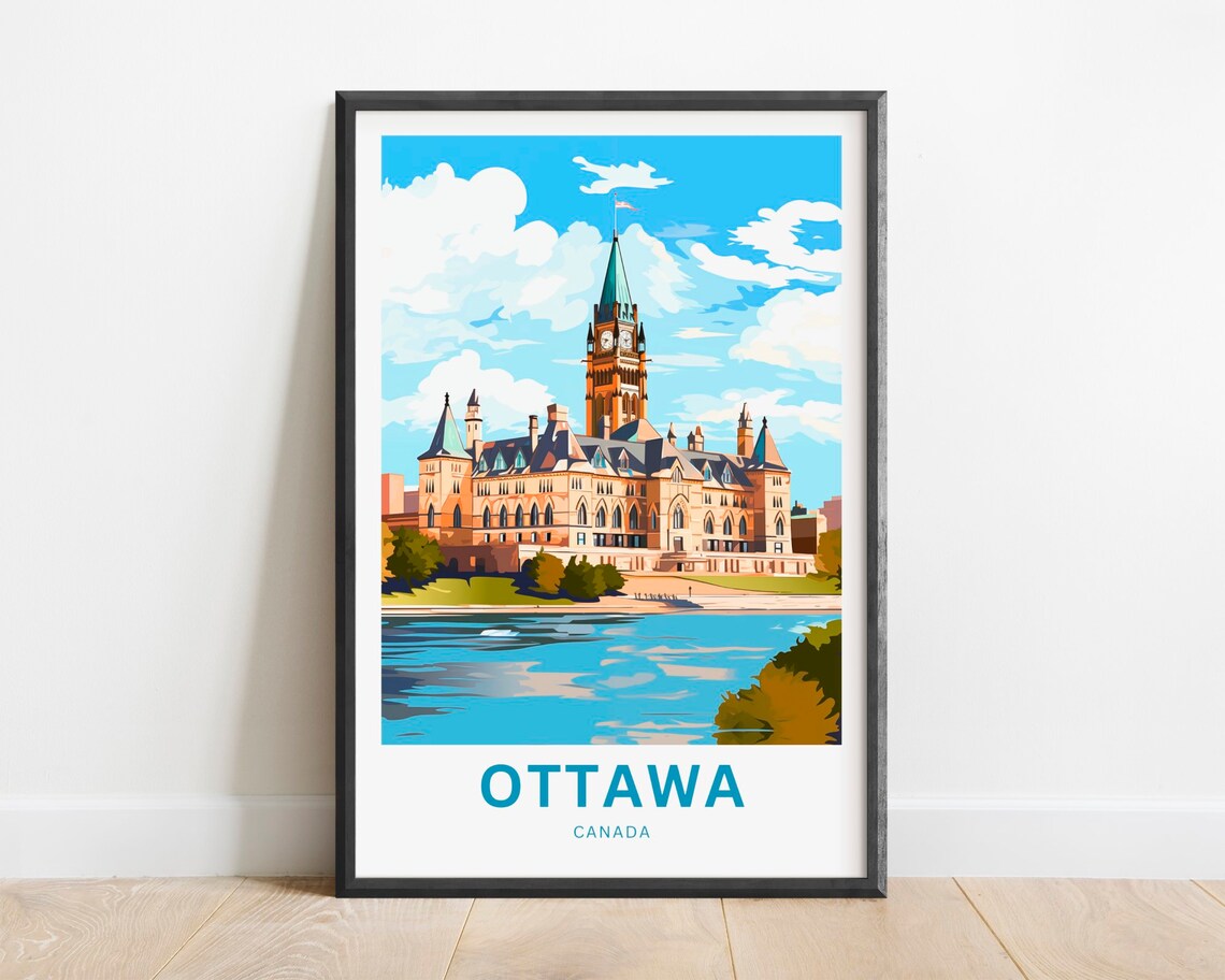Ottawa Canada Parliament Hill Vintage Travel Poster Red Roof Design