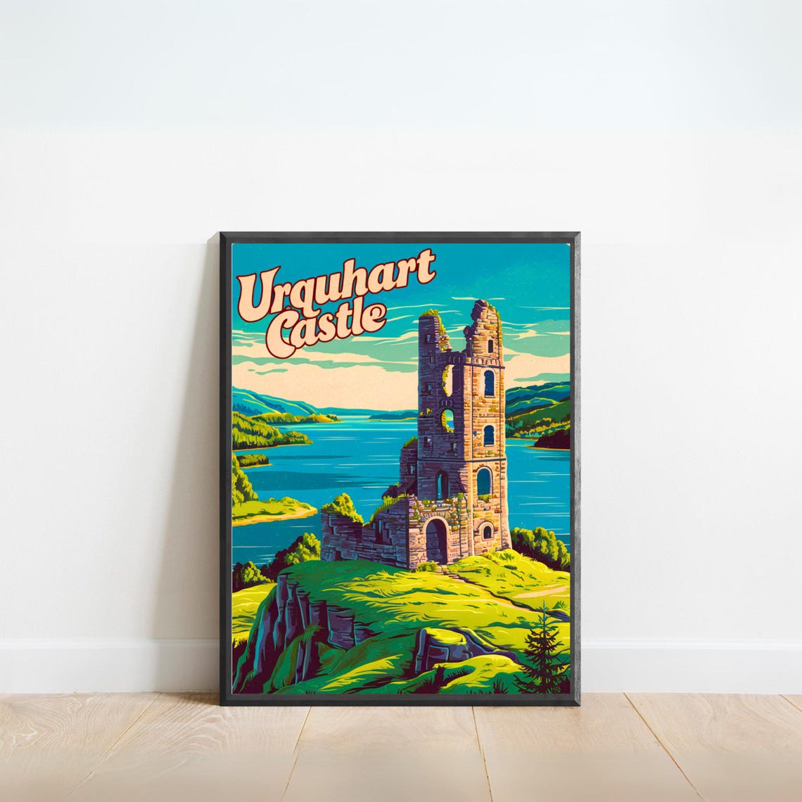 Urquhart Castle Scotland Vintage Travel Poster Loch Ness Tower Ruins