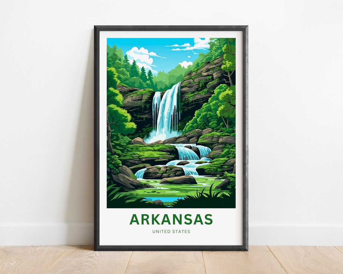 Arkansas Wide Waterfall Mossy Ledge Stream Forest Travel Poster