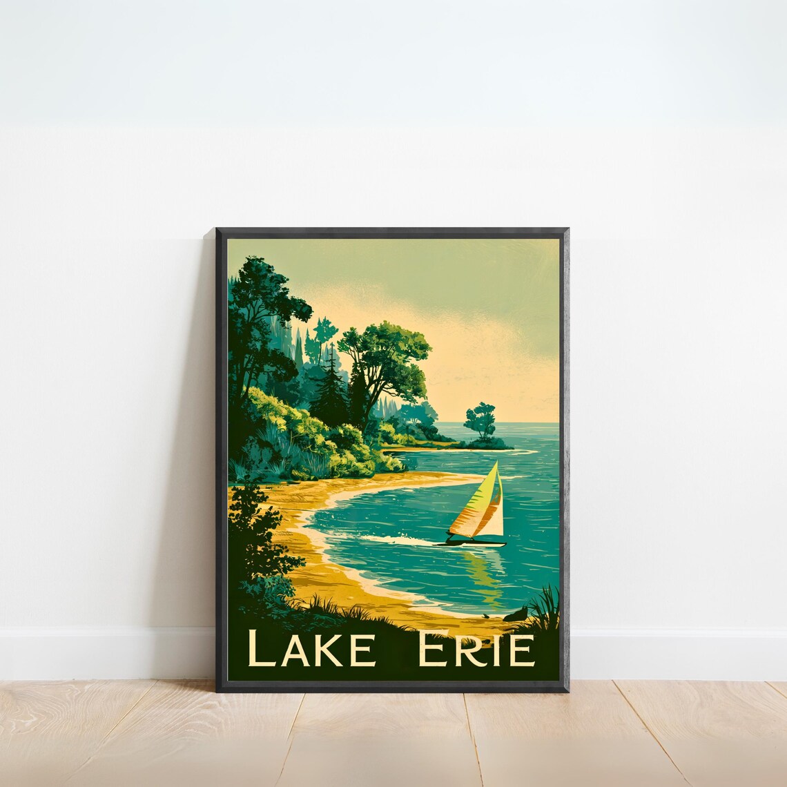 Lake Erie Vintage Sailboat Shoreline Golden Retro Travel Poster