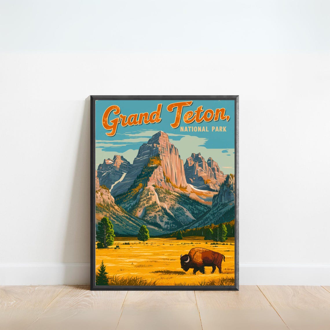 Grand Teton National Park Vintage Travel Poster Bison And Peaks