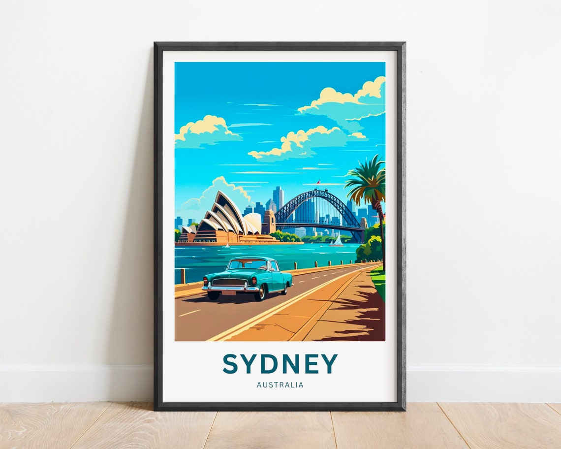 Sydney Australia Harbour Bridge Opera House Classic Car Travel Poster