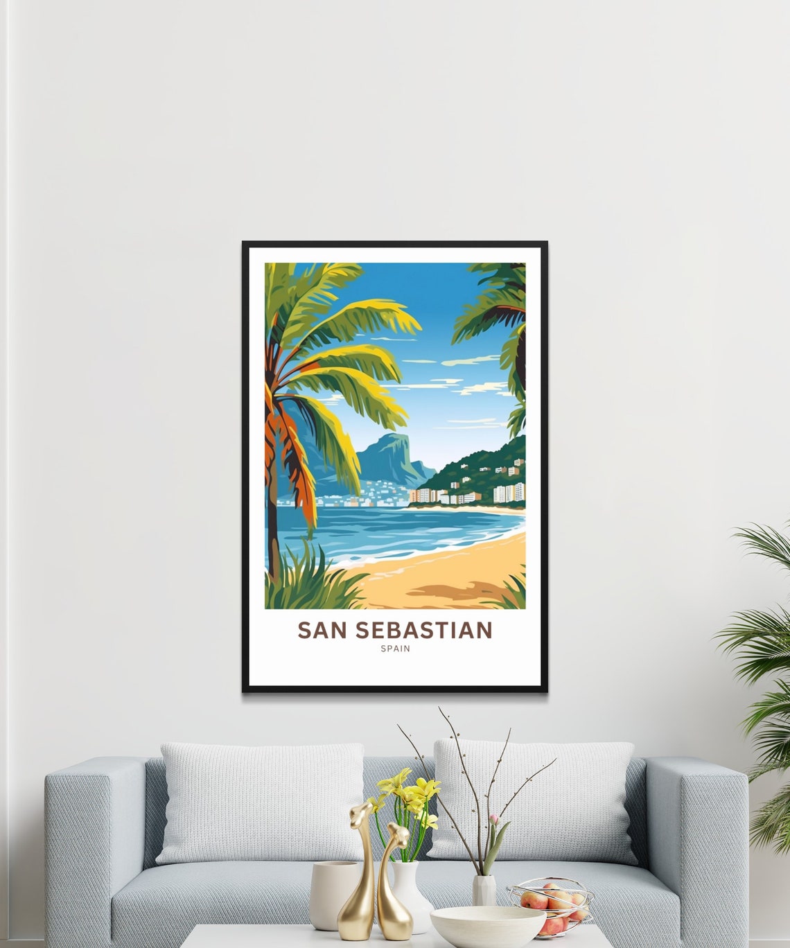 San Sebastian Spain Beach Palm Trees Ocean Bay Custom Text Poster - Image 3