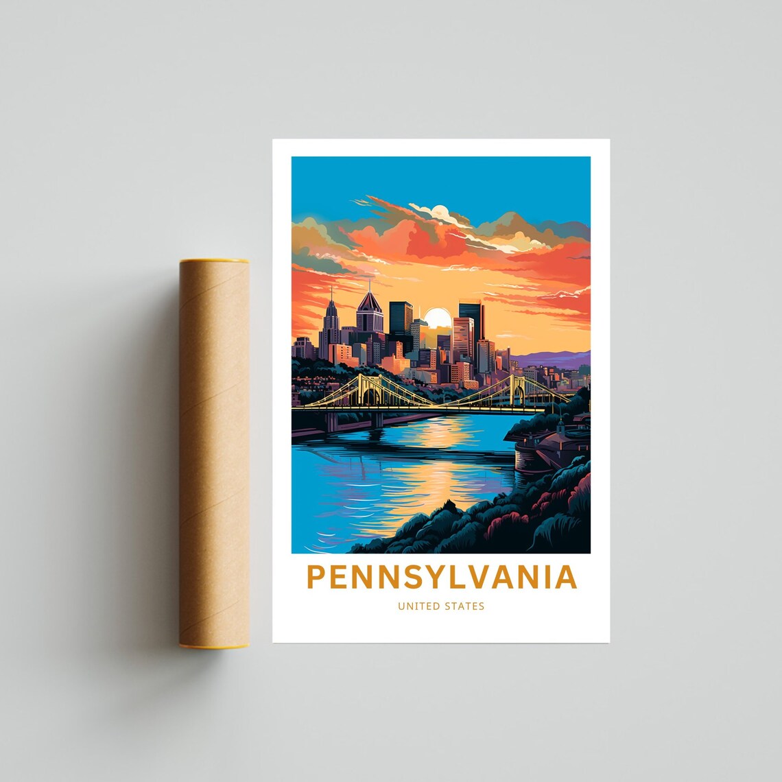 Pennsylvania Pittsburgh Skyline Bridges Sunset River Travel Poster - Image 4