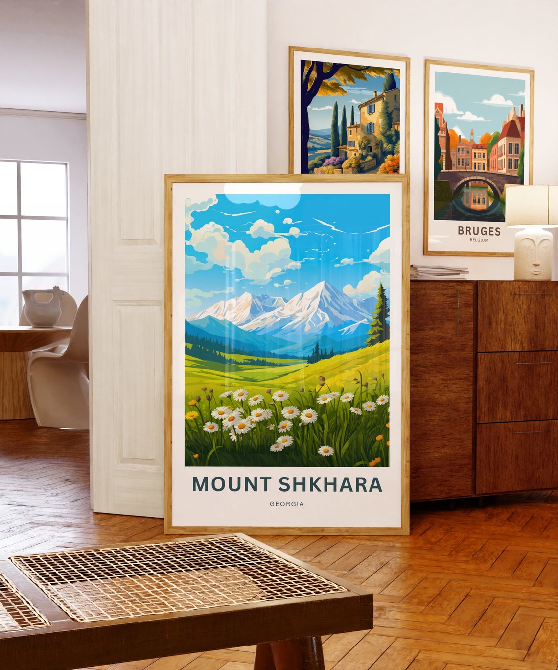 Mount Shkhara Georgia Custom Text Daisy Meadow Peak Travel Poster - Image 3