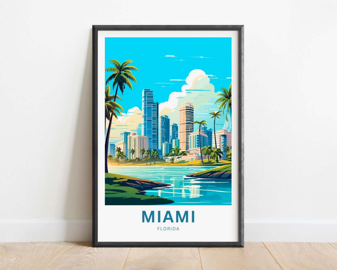 Miami Florida Skyline Palms Biscayne Bay Waterfront Travel Poster