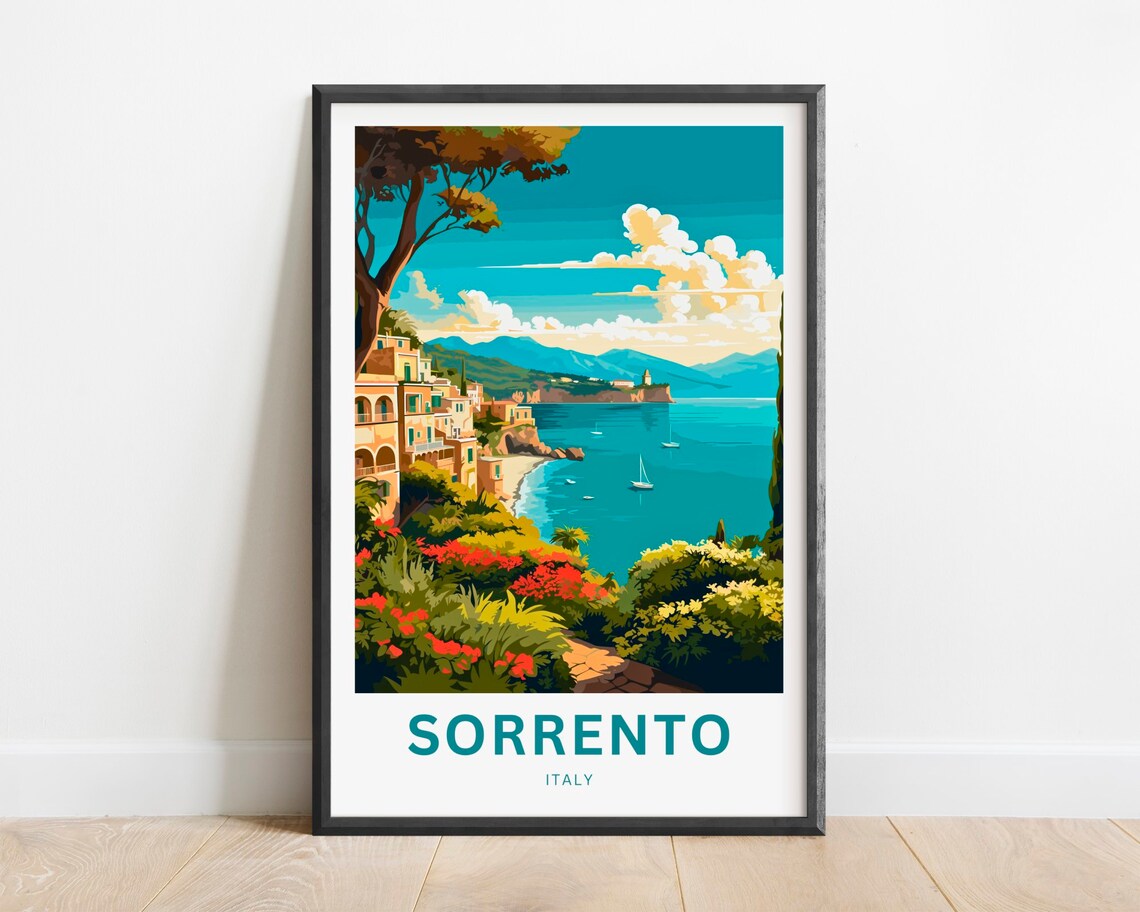 Sorrento Italy Coastal Cliff Town Sailboats Vintage Travel Poster