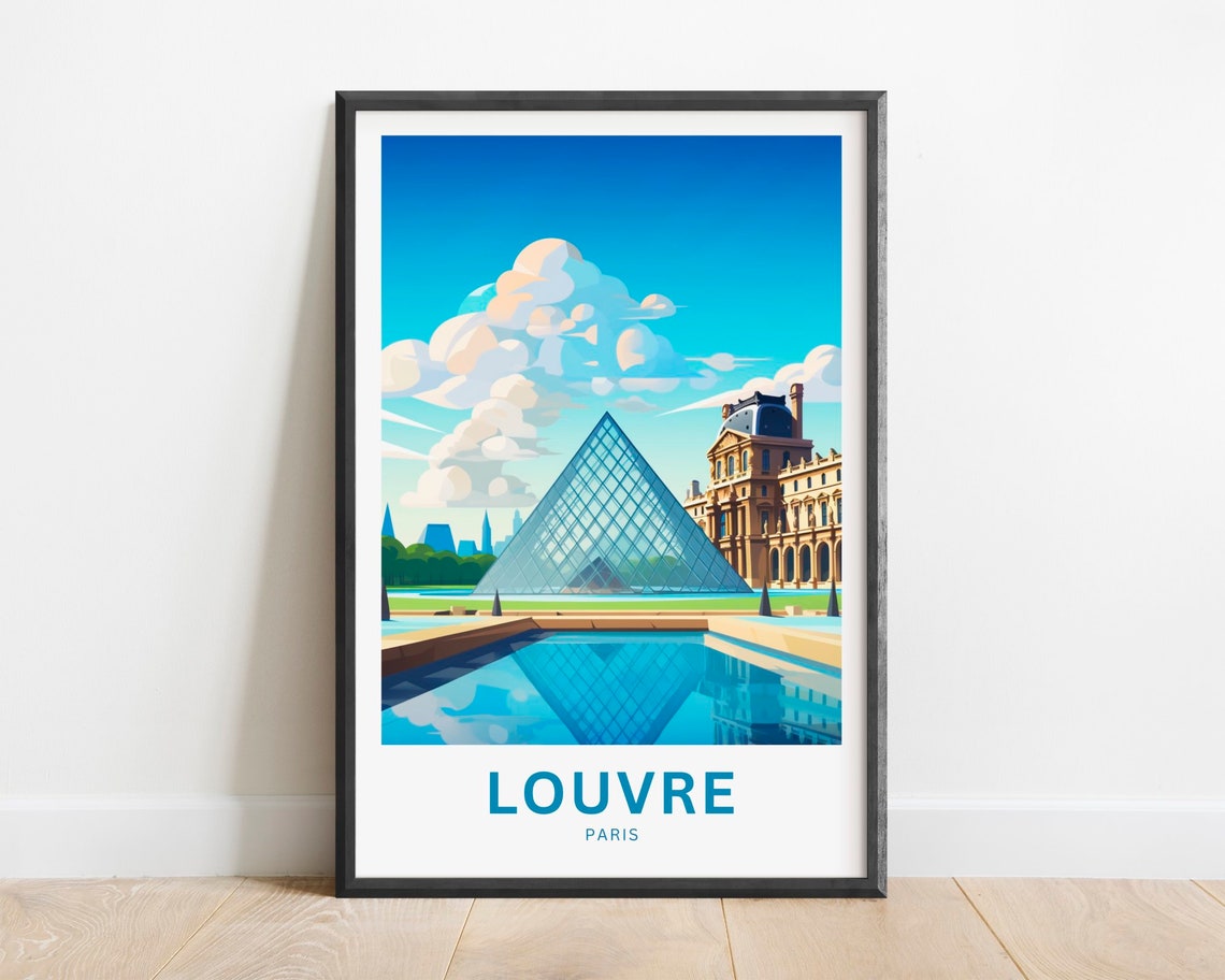 Louvre Paris Pyramid Reflecting Pool Blue Sky Vintage Travel Poster