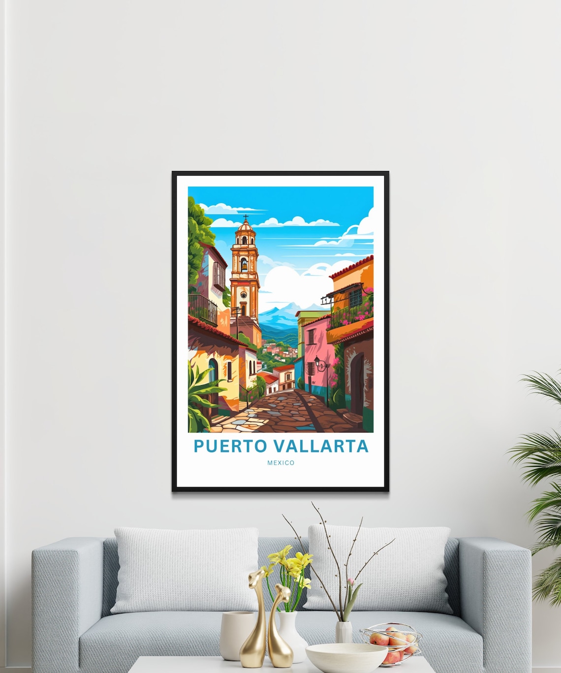 Puerto Vallarta Mexico Travel Poster Colorful Colonial Street Church - Image 3