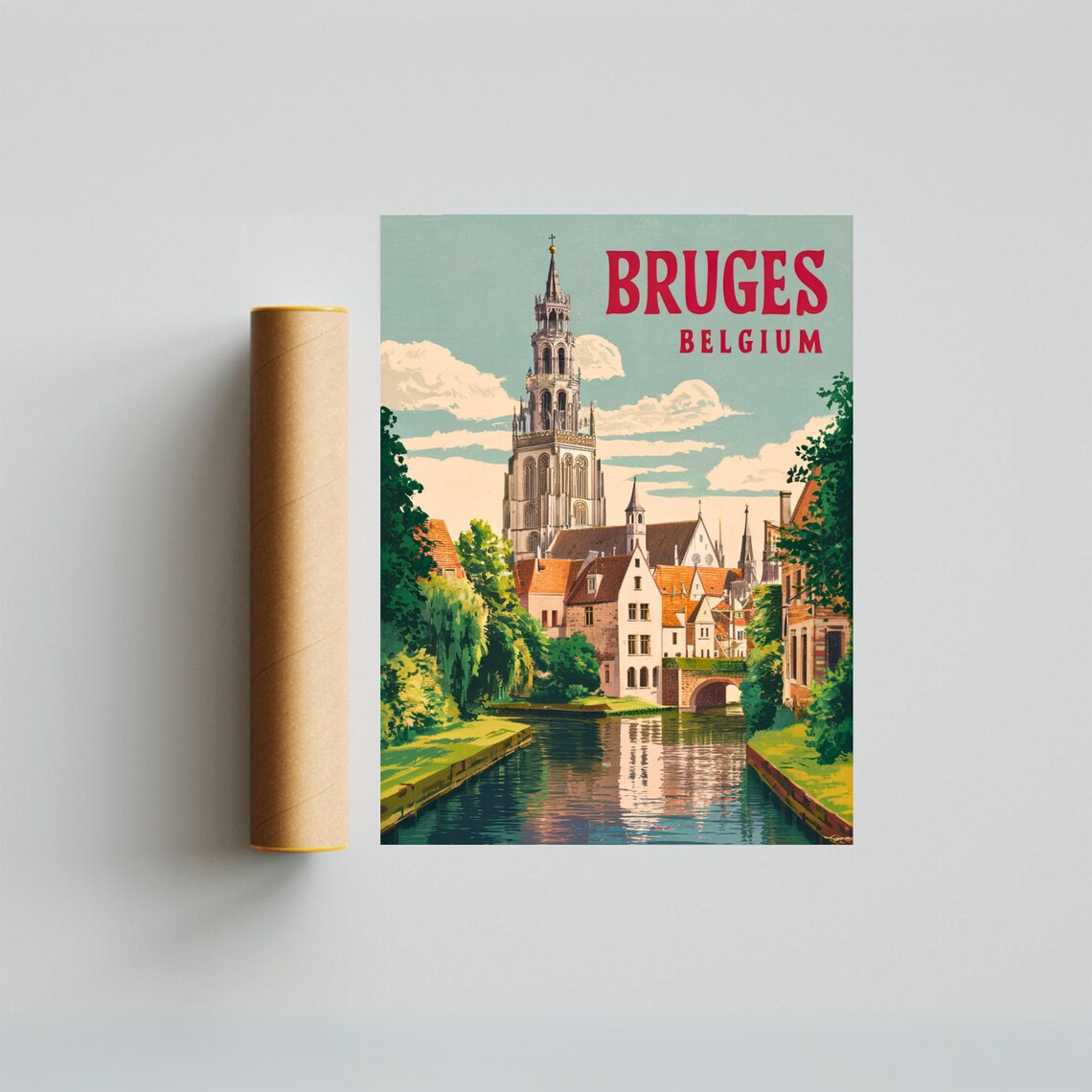 Bruges Belgium Canal Church Tower Green Riverside Poster Art - Image 4