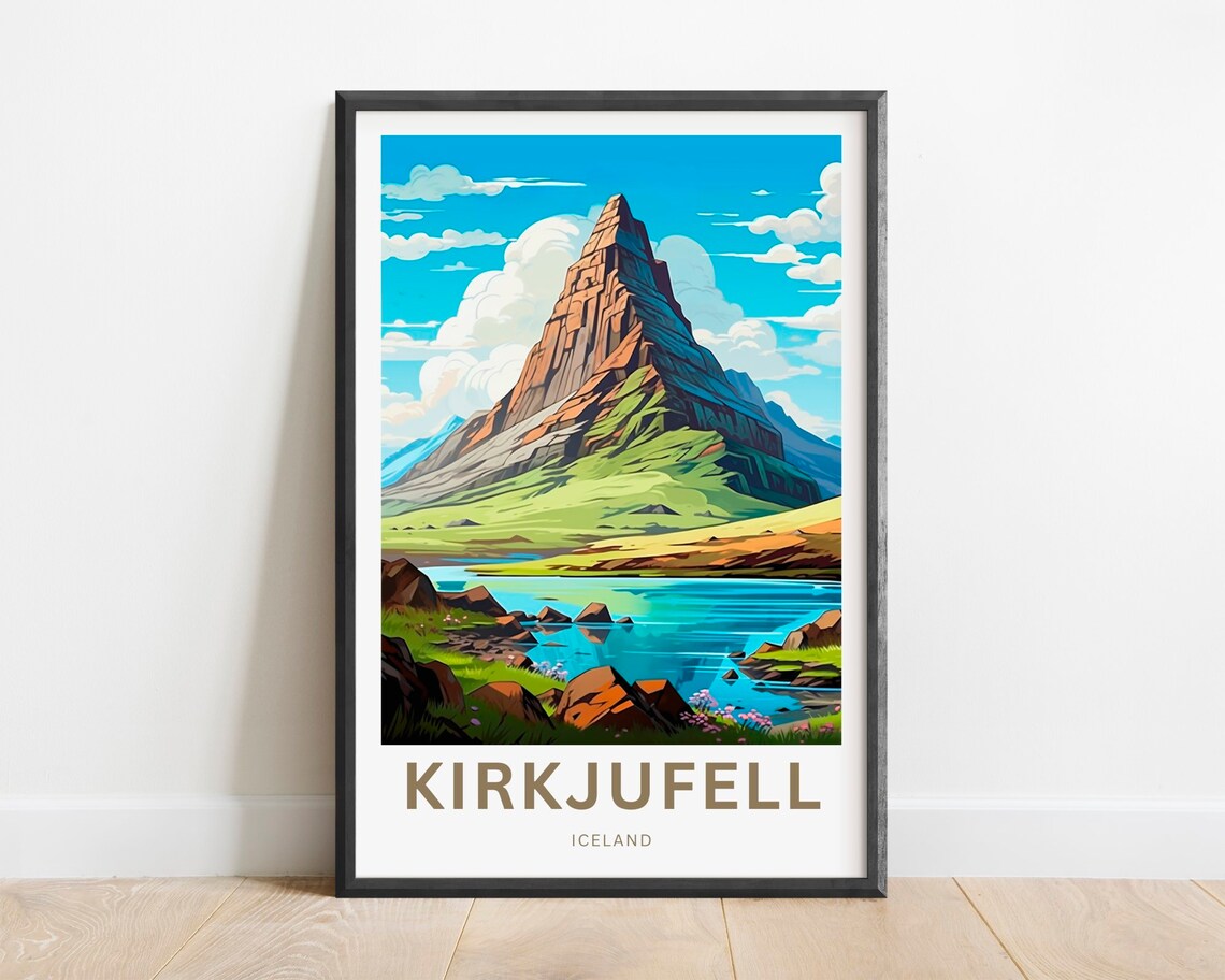 Kirkjufell Iceland Travel Poster Green Mountain Lake Peaks Art
