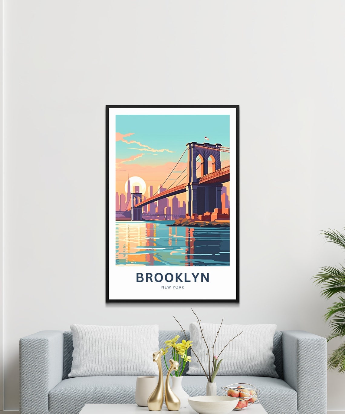 Brooklyn New York Sunset Bridge Skyline Reflection Travel Poster - Image 3