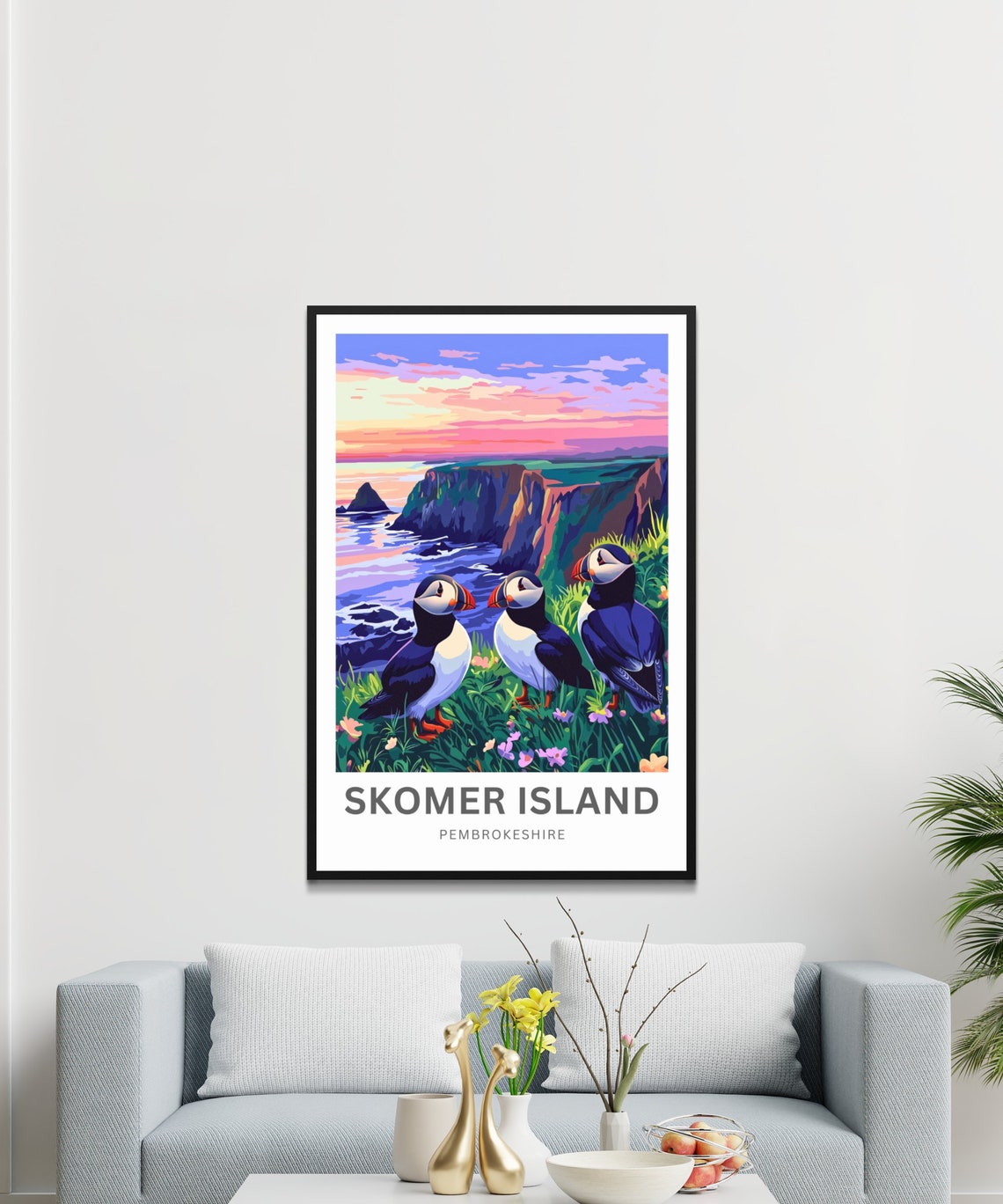 Skomer Island Puffins at Sunset Over Wildflower Cliffs Poster - Image 3
