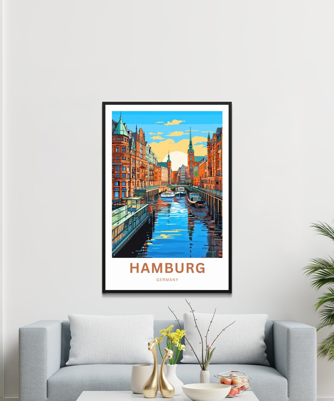 Hamburg Germany Picturesque Canal Boats Golden Hour View Poster - Image 3