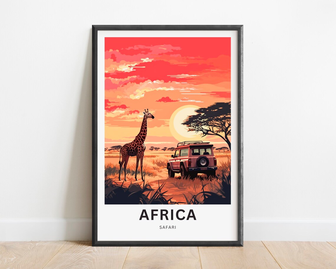 Africa Safari Sunset Poster with Lone Giraffe and Red Jeep Art