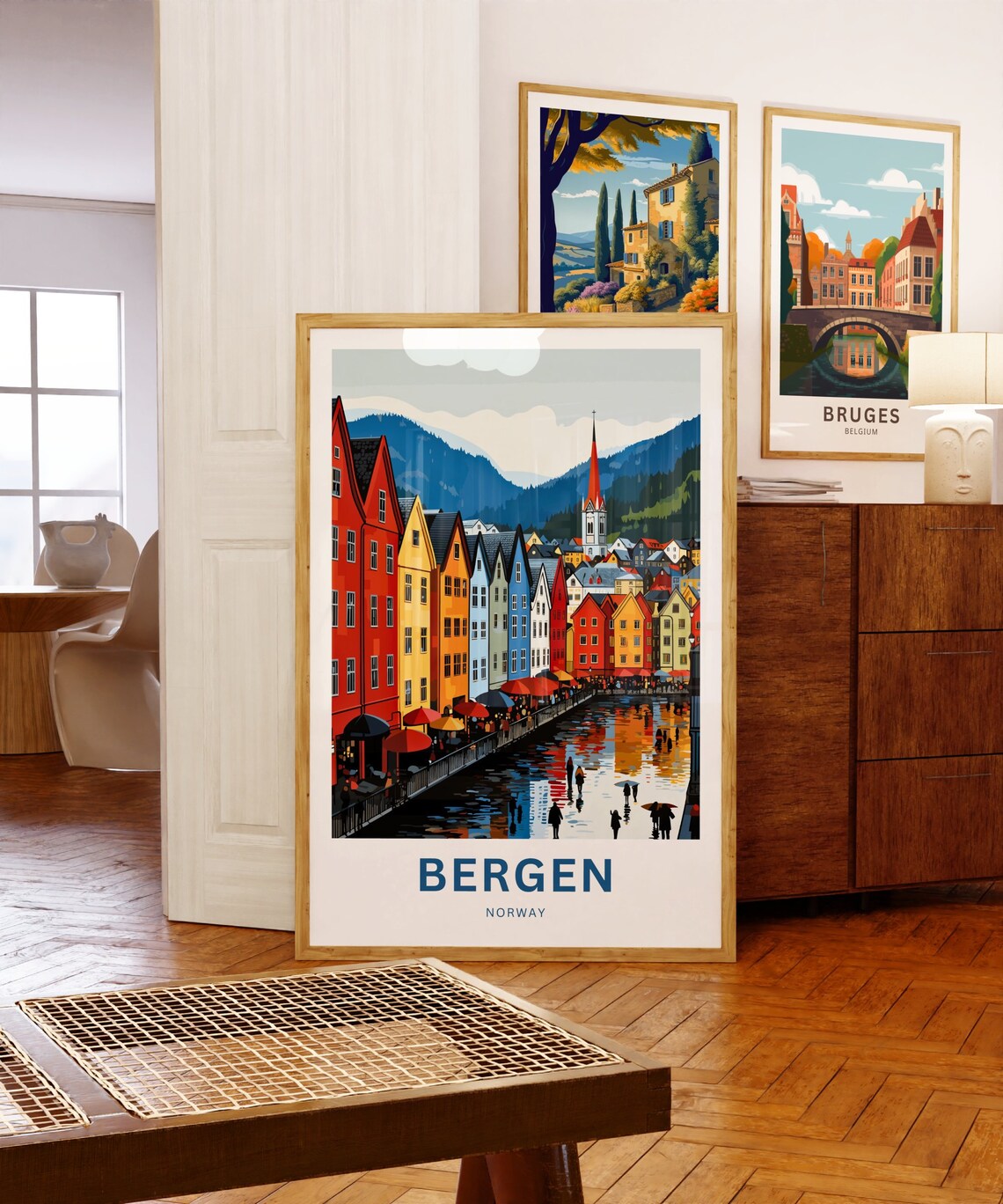 Personalized Bergen Norway Rainy Wharf Promenade Umbrella Poster - Image 5