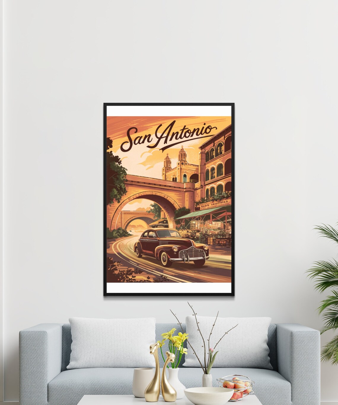 San Antonio Texas Vintage Classic Car Stone Bridge Travel Poster - Image 2