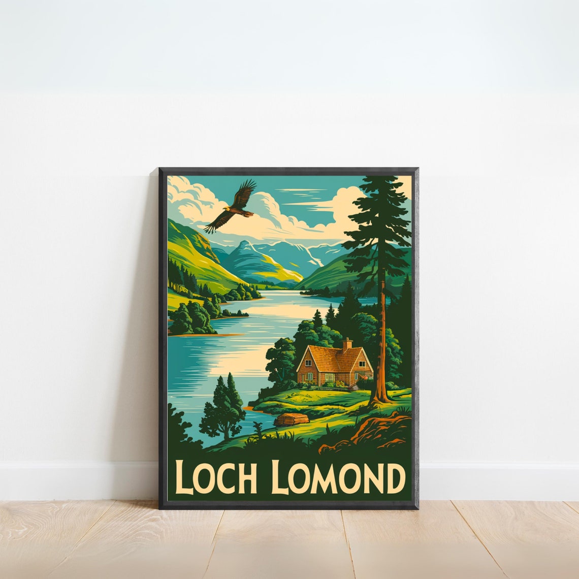 Loch Lomond Scotland Vintage Cabin Eagle Pine Mountain Poster