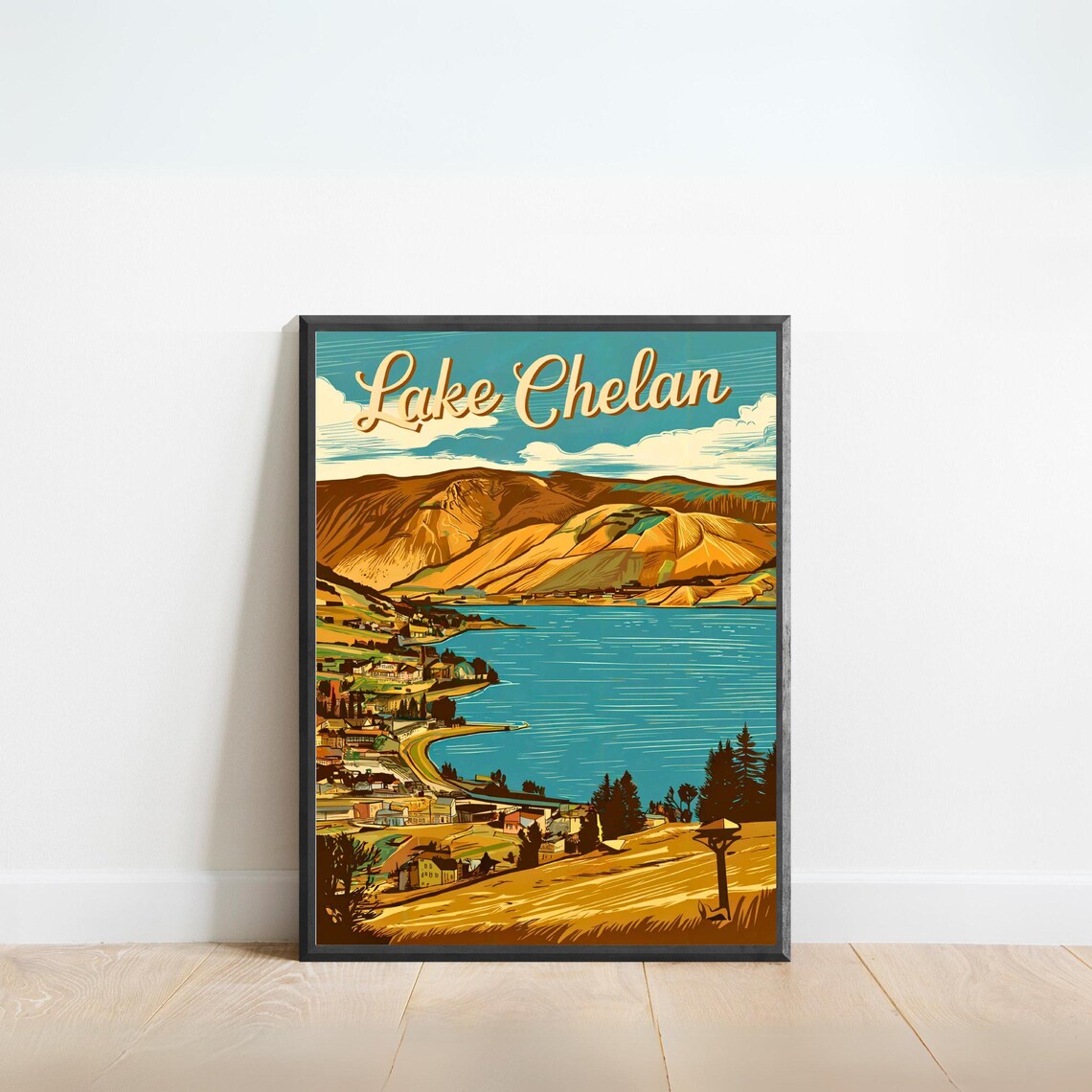 Lake Chelan Vintage Travel Poster Washington Beach Day With Boat Art