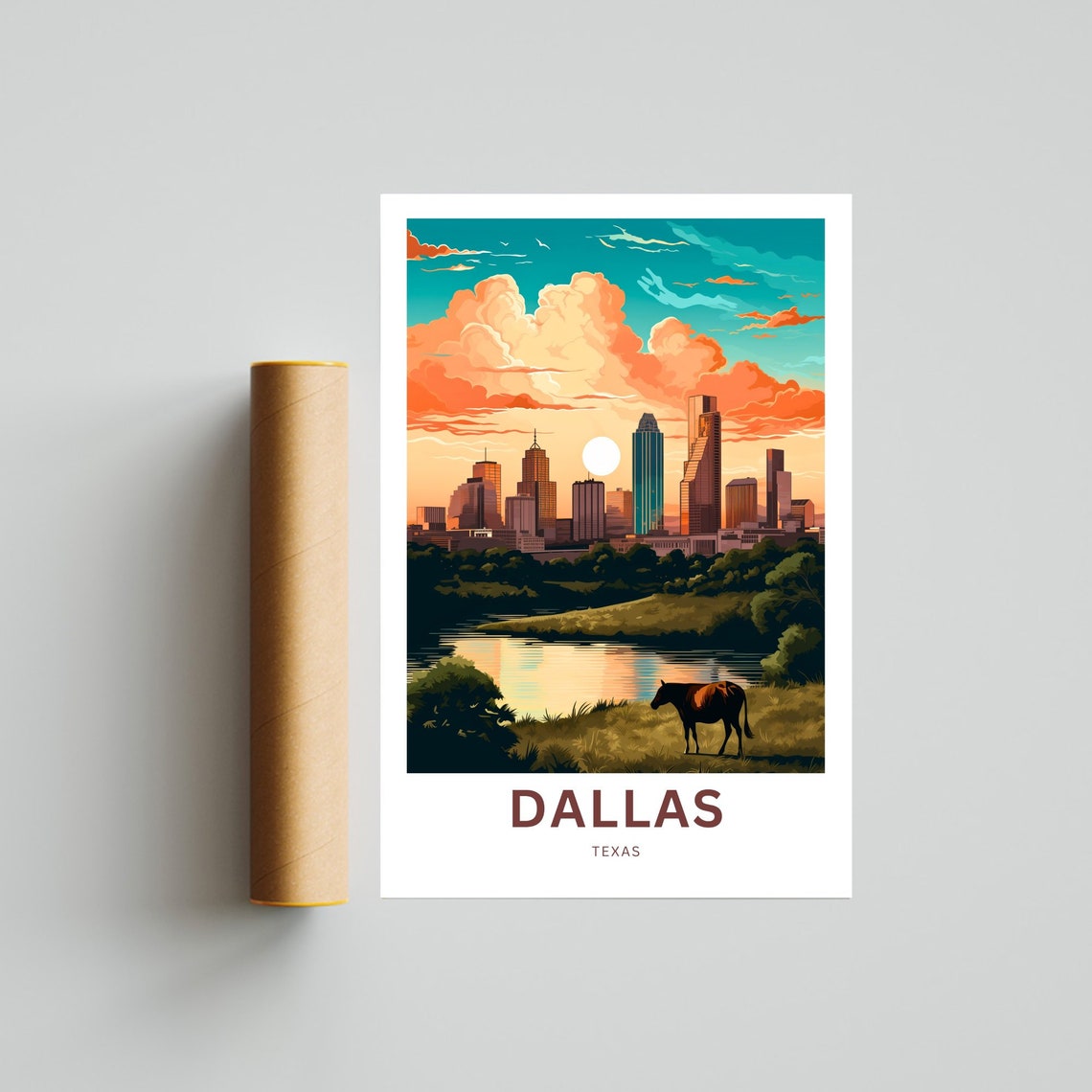 Dallas Texas Skyline Horse Pasture Sunset Cityscape Travel Poster - Image 4