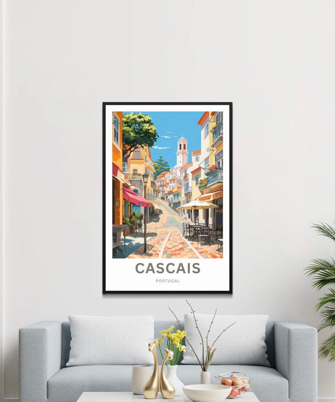 Cascais Portugal Old Town Street Cafe Church Tower Travel Poster - Image 3