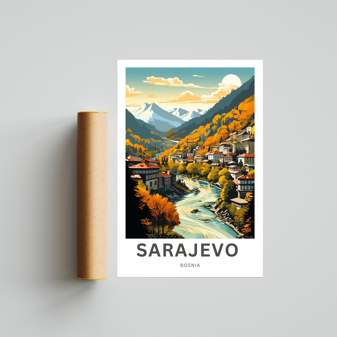 Sarajevo Bosnia Autumn Riverside Town Mountains Personalized Poster - Image 4