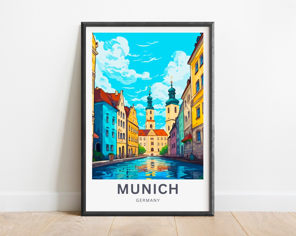 Munich Germany Canal Church Towers Colorful Row Scenic Poster