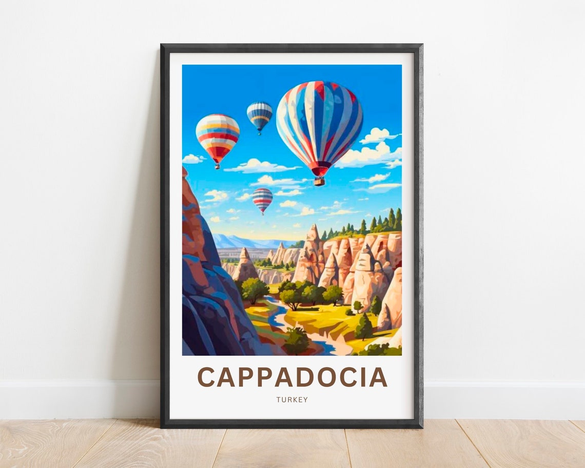 Cappadocia Turkey Poster with Colorful Striped Balloons Valley Art