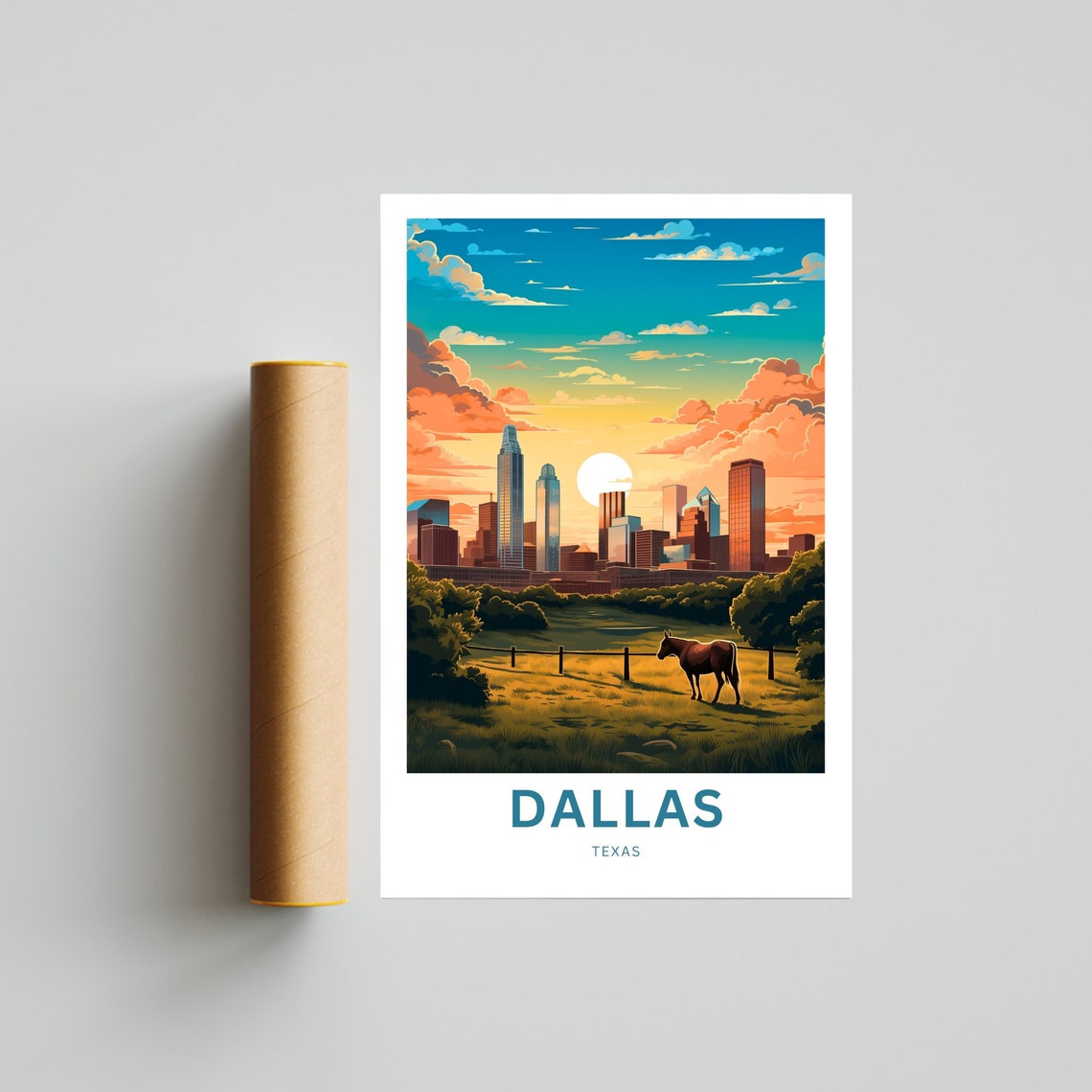 Dallas Texas Skyline Horse Prairie Sunset Scene Travel Poster - Image 4