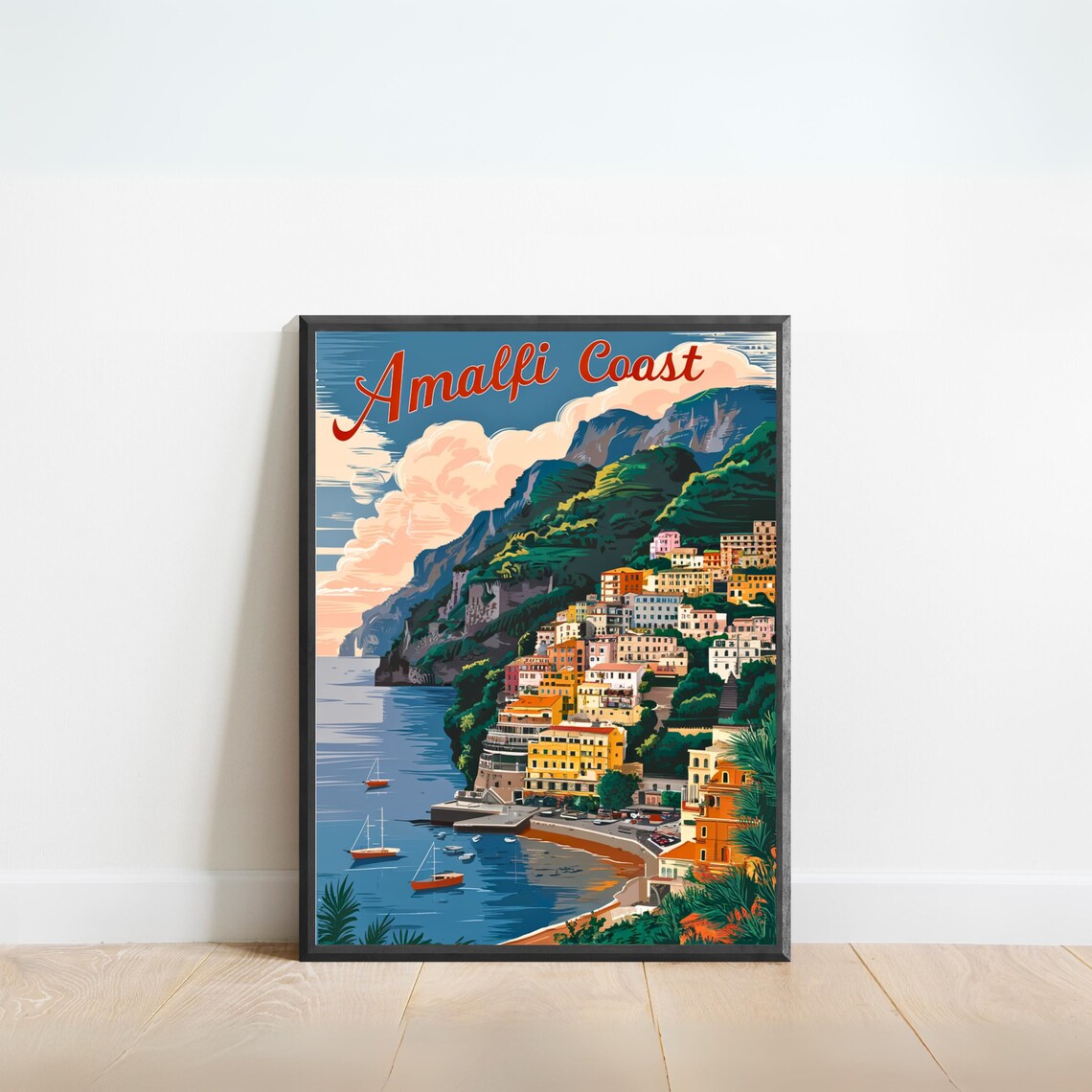 Amalfi Coast Italy Hillside Town Sailboats Vintage Travel Poster