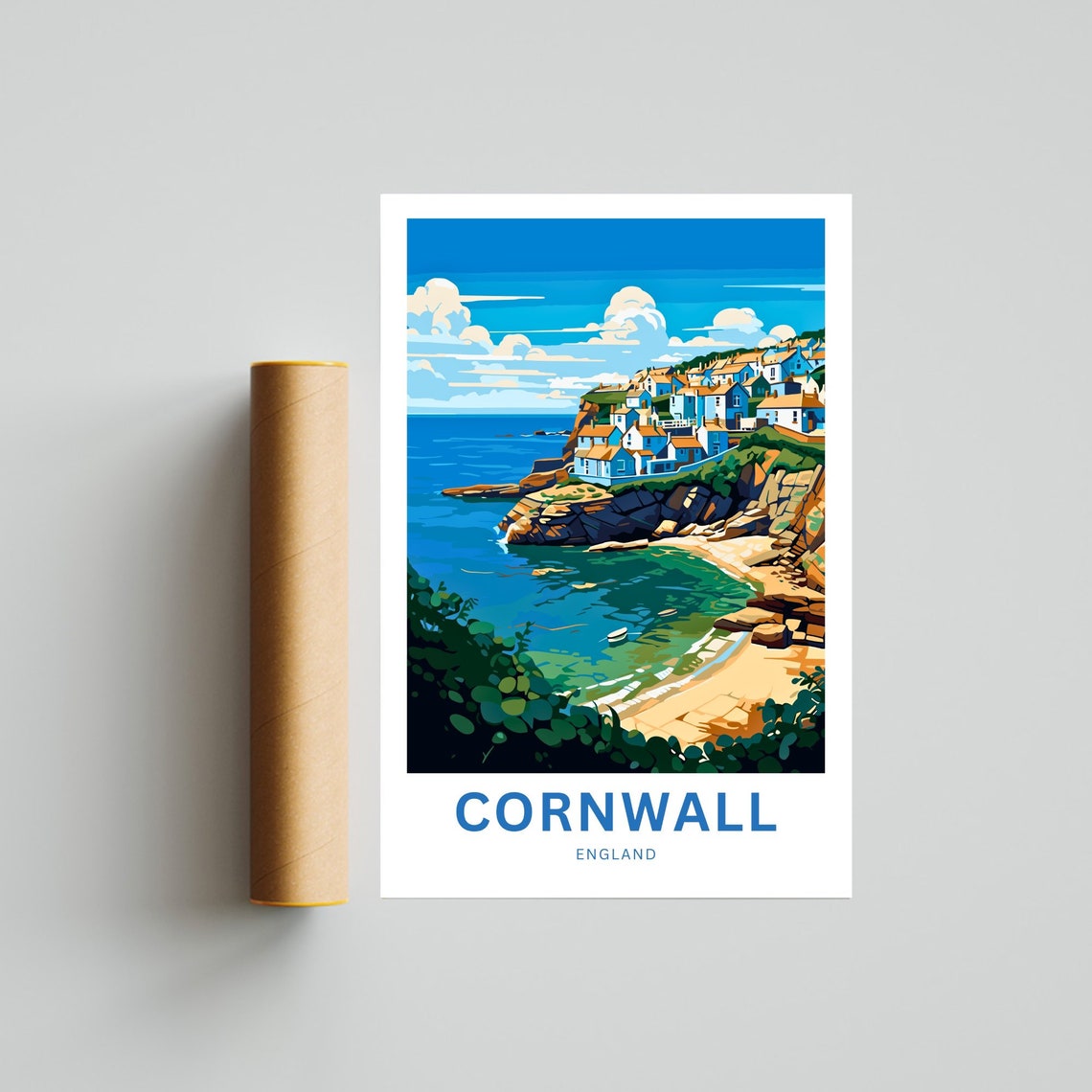 Cornwall England Cliffside Village Over Turquoise Bay Poster - Image 4