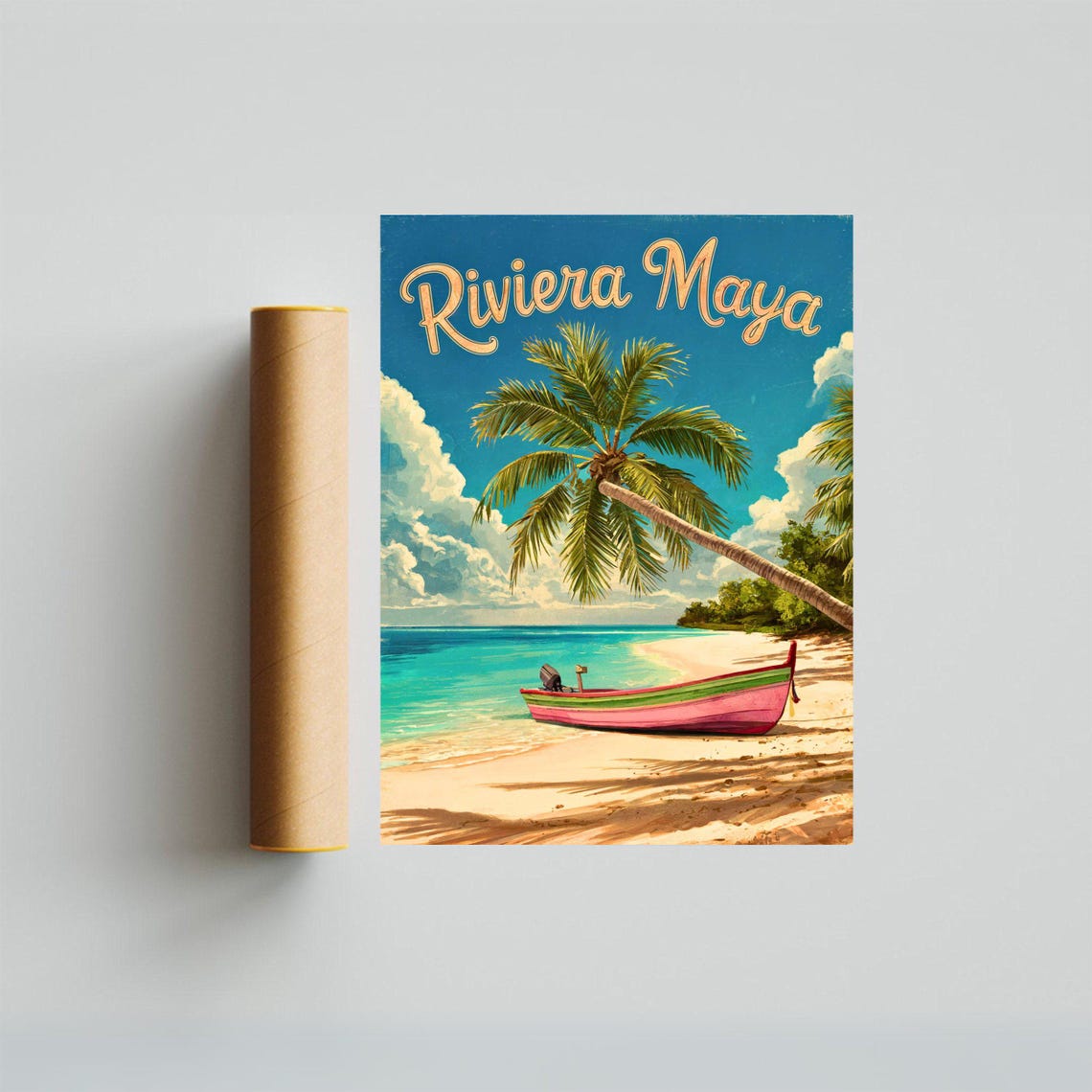 Riviera Maya Mexico Palm Beach Boat Scene Vintage Travel Poster - Image 4