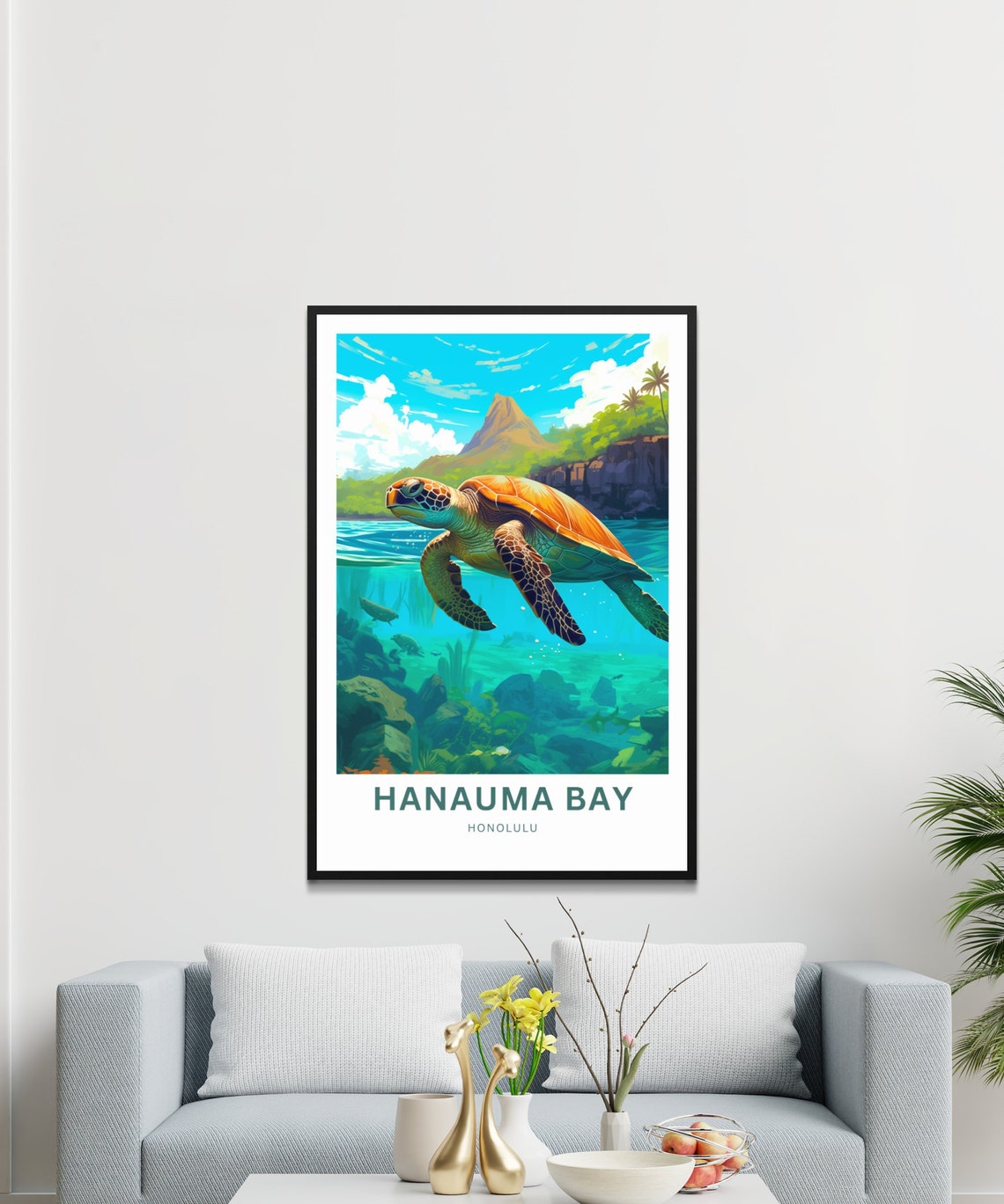 Personalized Hanauma Bay Honolulu Sea Turtle Travel Gift Poster - Image 3