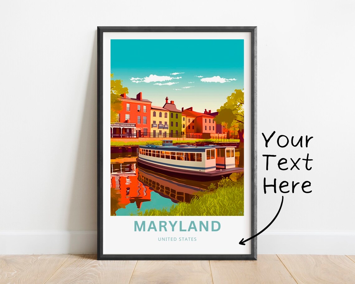 Maryland Personalized Travel Poster with Canal Boat and Rowhouses