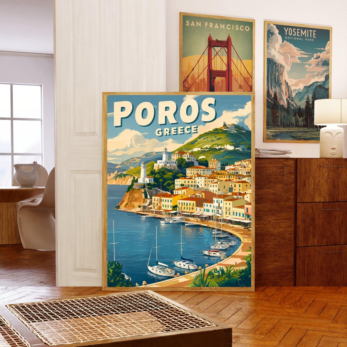 Poros Greece Vintage Sailboat Harbor Curved Bay Travel Poster - Image 3