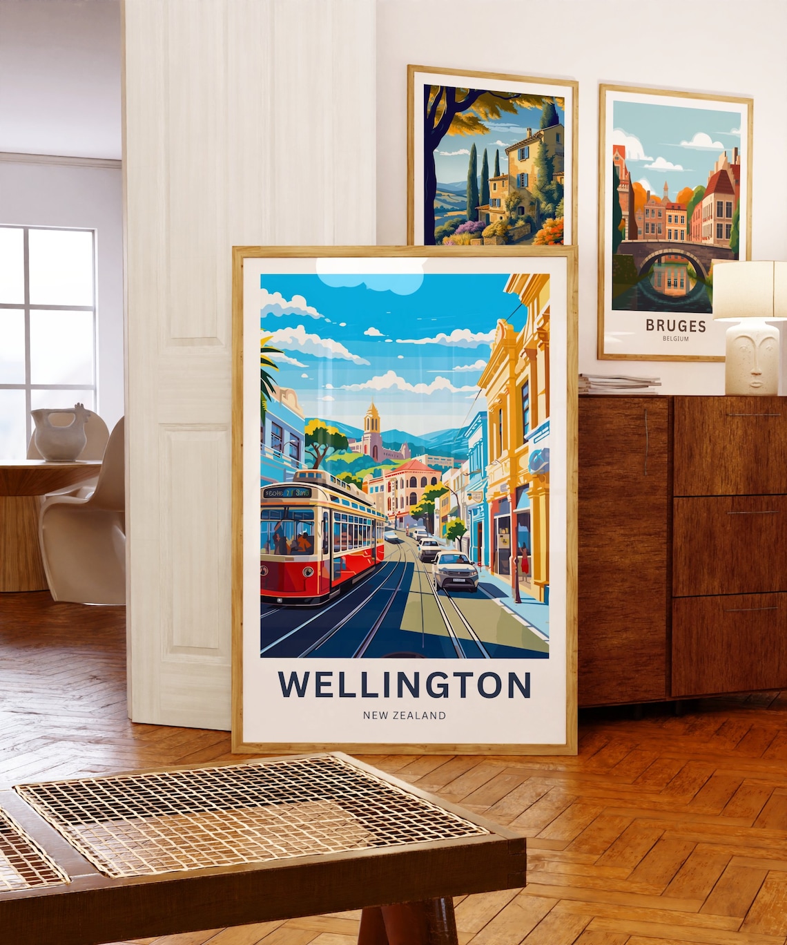 Wellington New Zealand Red Tram Busy Street Church Hill Travel Poster - Image 5