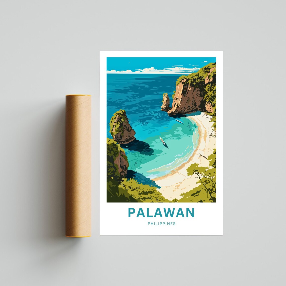 Palawan Philippines Travel Poster Turquoise Cove Sea Stacks Aerial Art - Image 4