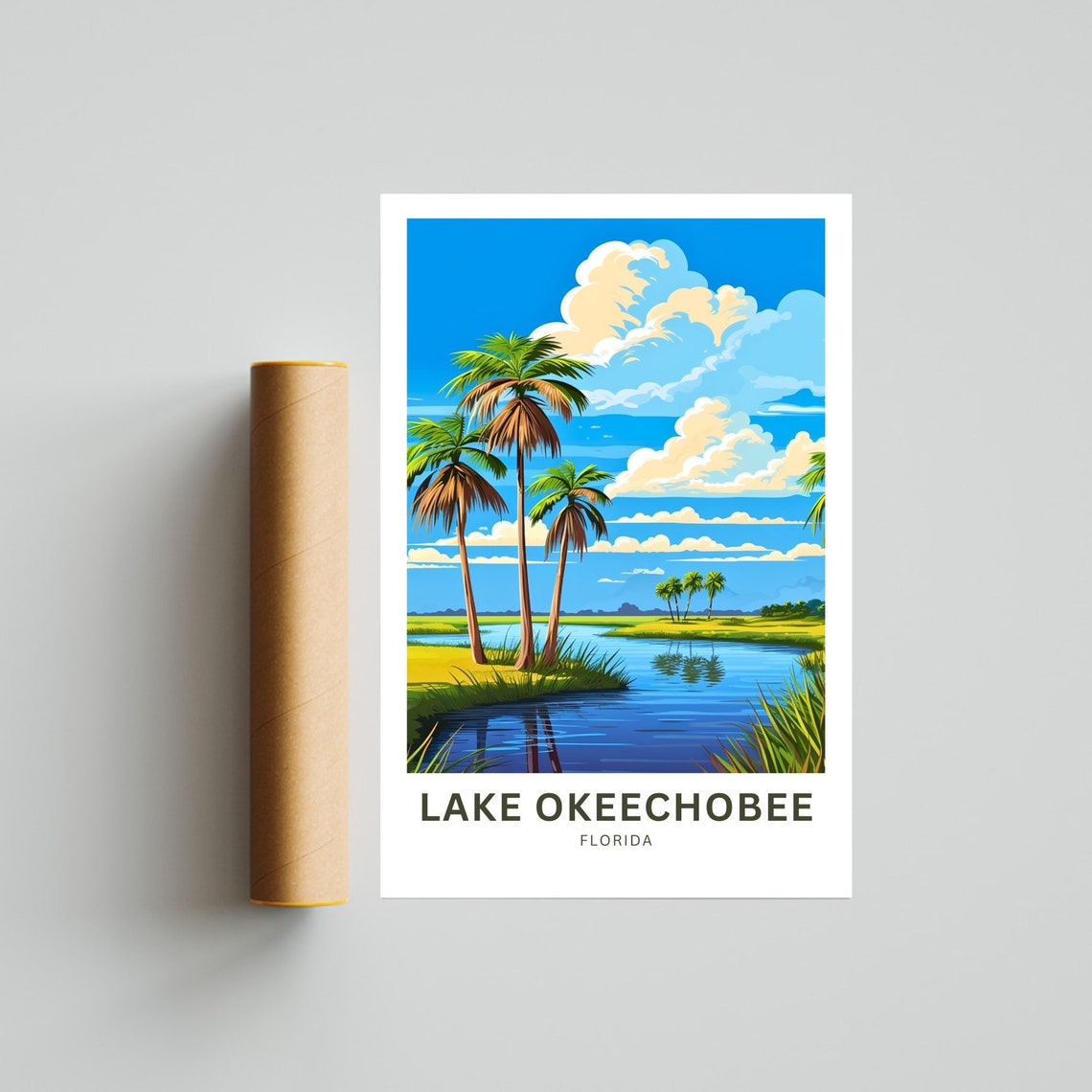 Lake Okeechobee Florida Tall Palms Reflections Travel Art Poster - Image 4