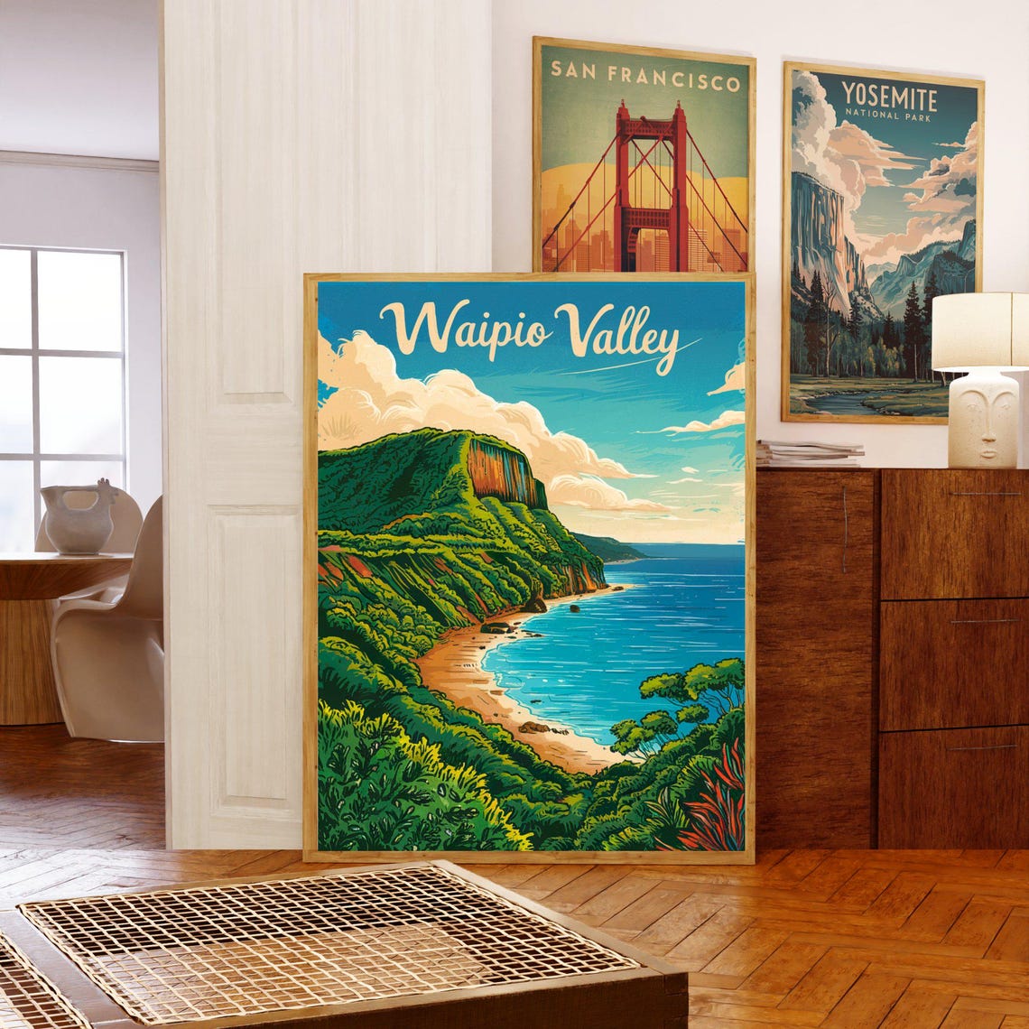 Waipio Valley Vintage Script Green Cliffs Beach Hawaii Travel Poster - Image 5