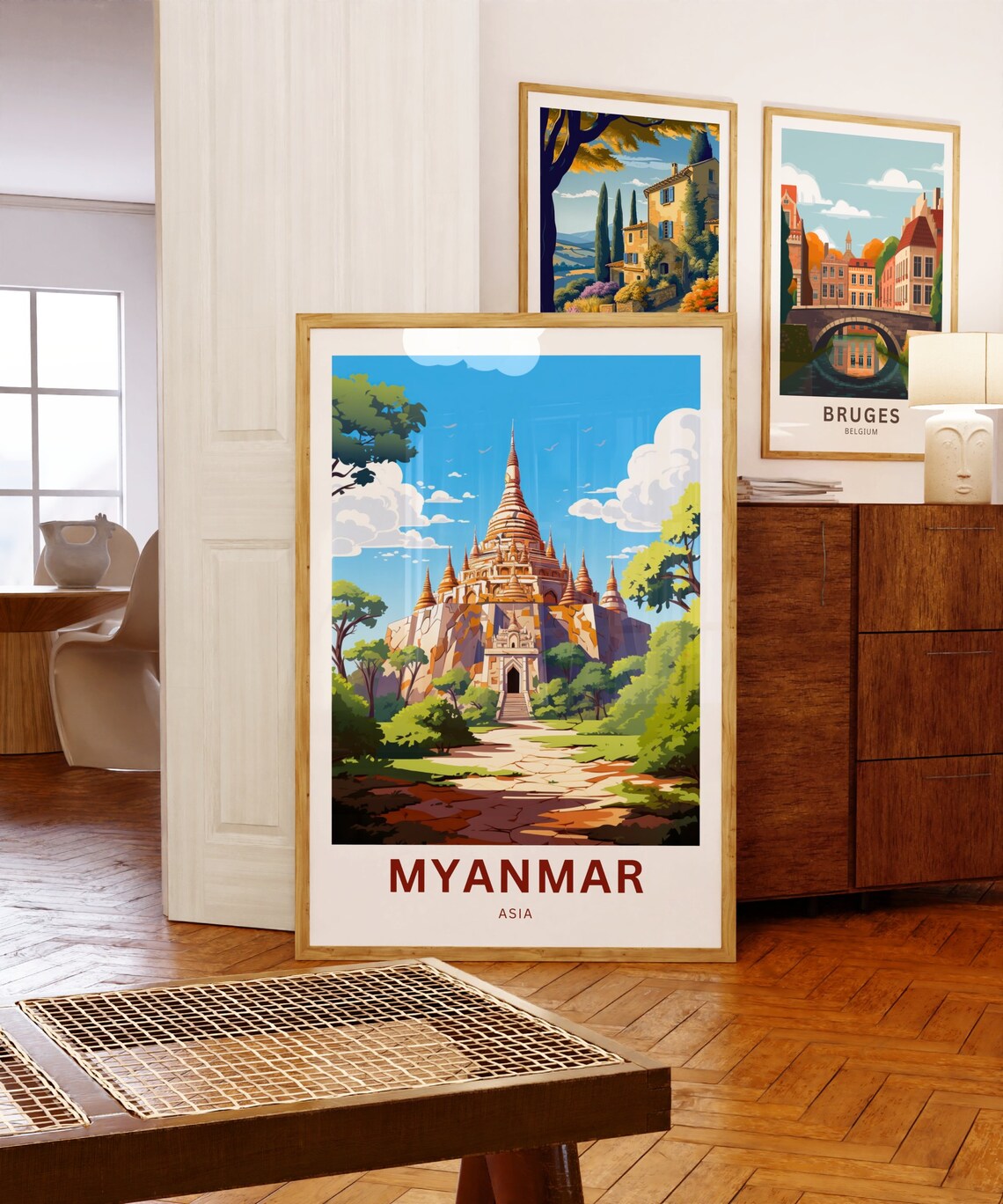 Myanmar Asia Golden Buddhist Temple Among Lush Green Trees Poster - Image 5
