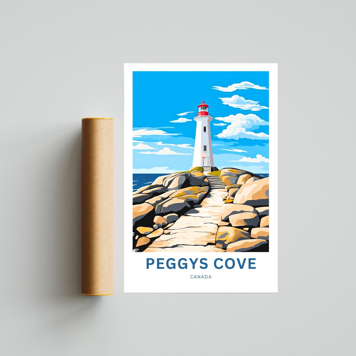 Peggys Cove Lighthouse Rocky Shore Travel Illustration Poster - Image 4