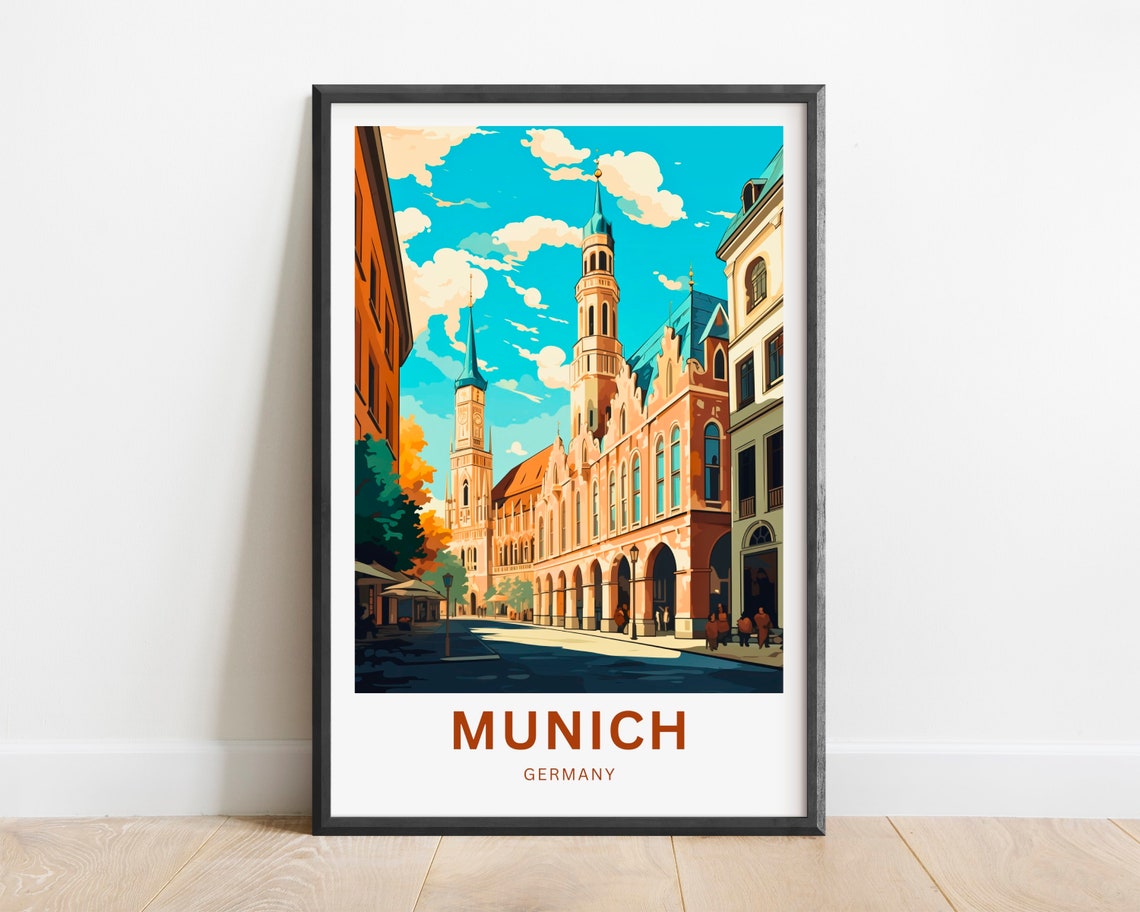 Munich Germany Town Hall Arcade Street View Vintage Art Poster