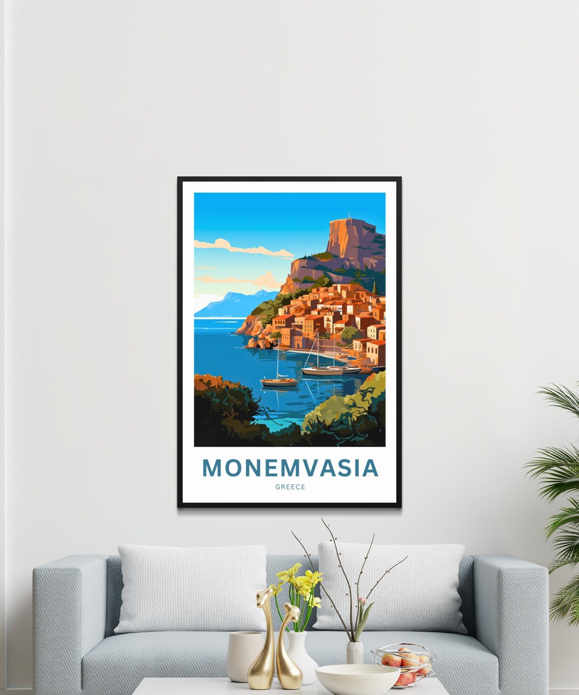 Monemvasia Greece Rock Fortress Vintage Travel Poster Boats Gift - Image 3