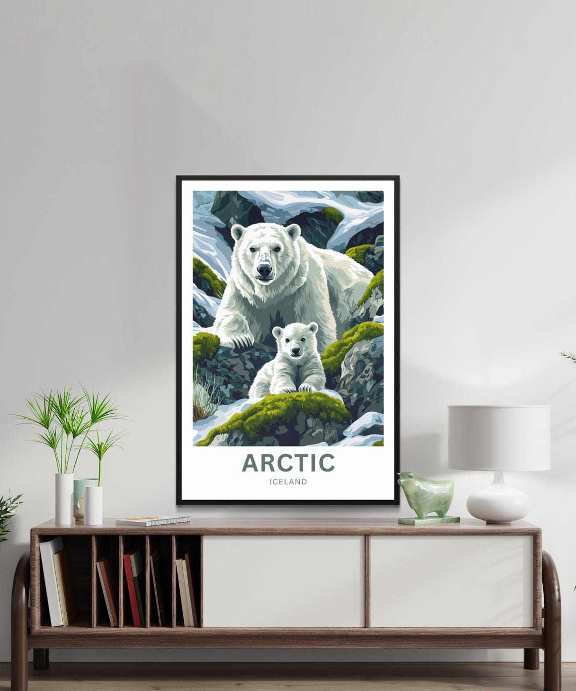 Arctic Iceland Polar Bear and Cub on Mossy Snowy Rocks Poster - Image 4