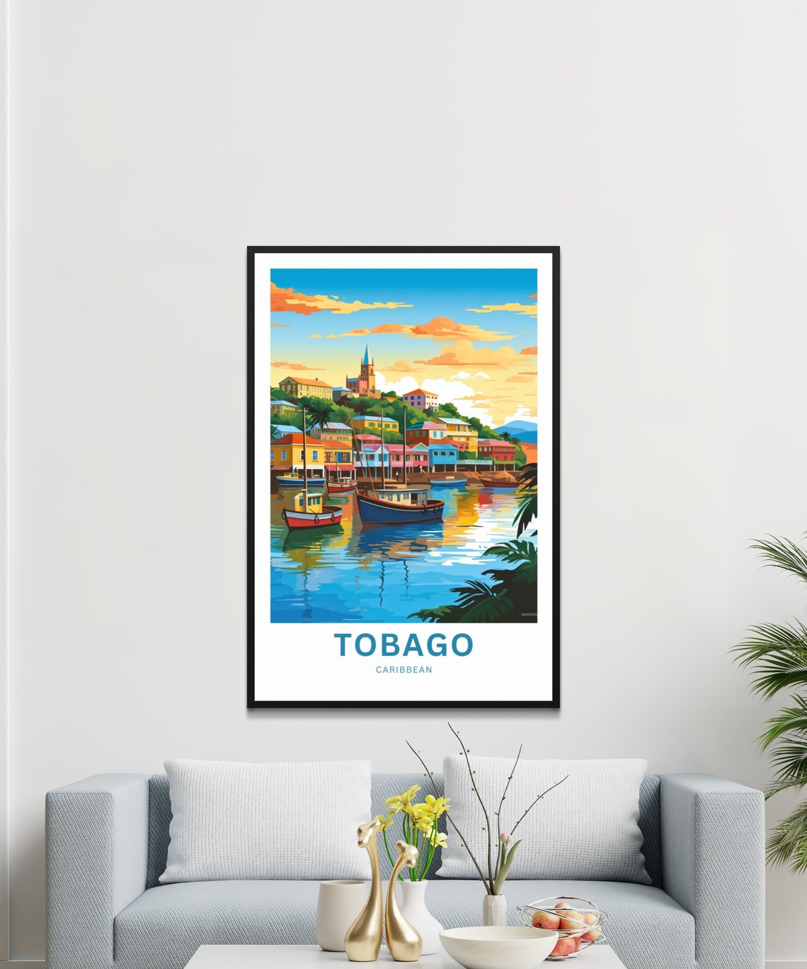Personalized Tobago Caribbean Harbor Sunset Boats Travel Poster - Image 3