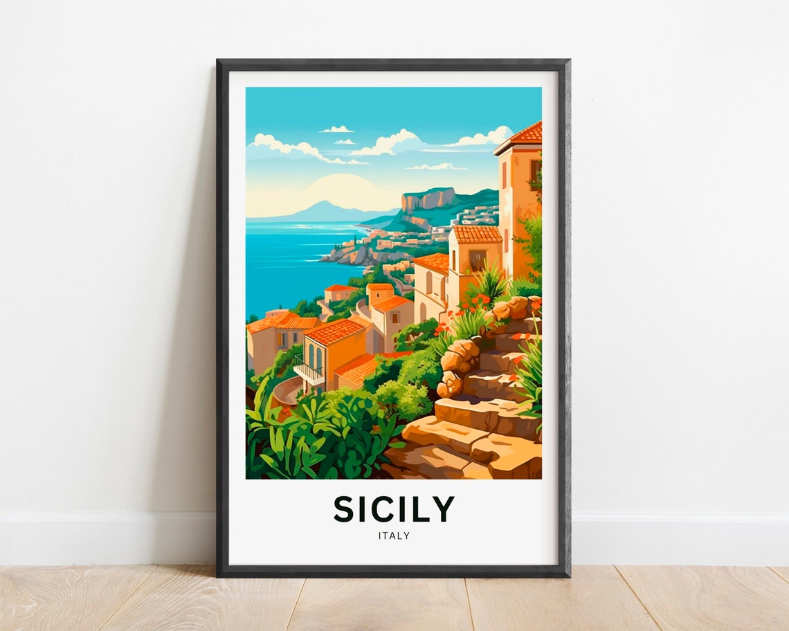 Sicily Italy Terracotta Coast Hillside Town Seaview Travel Poster