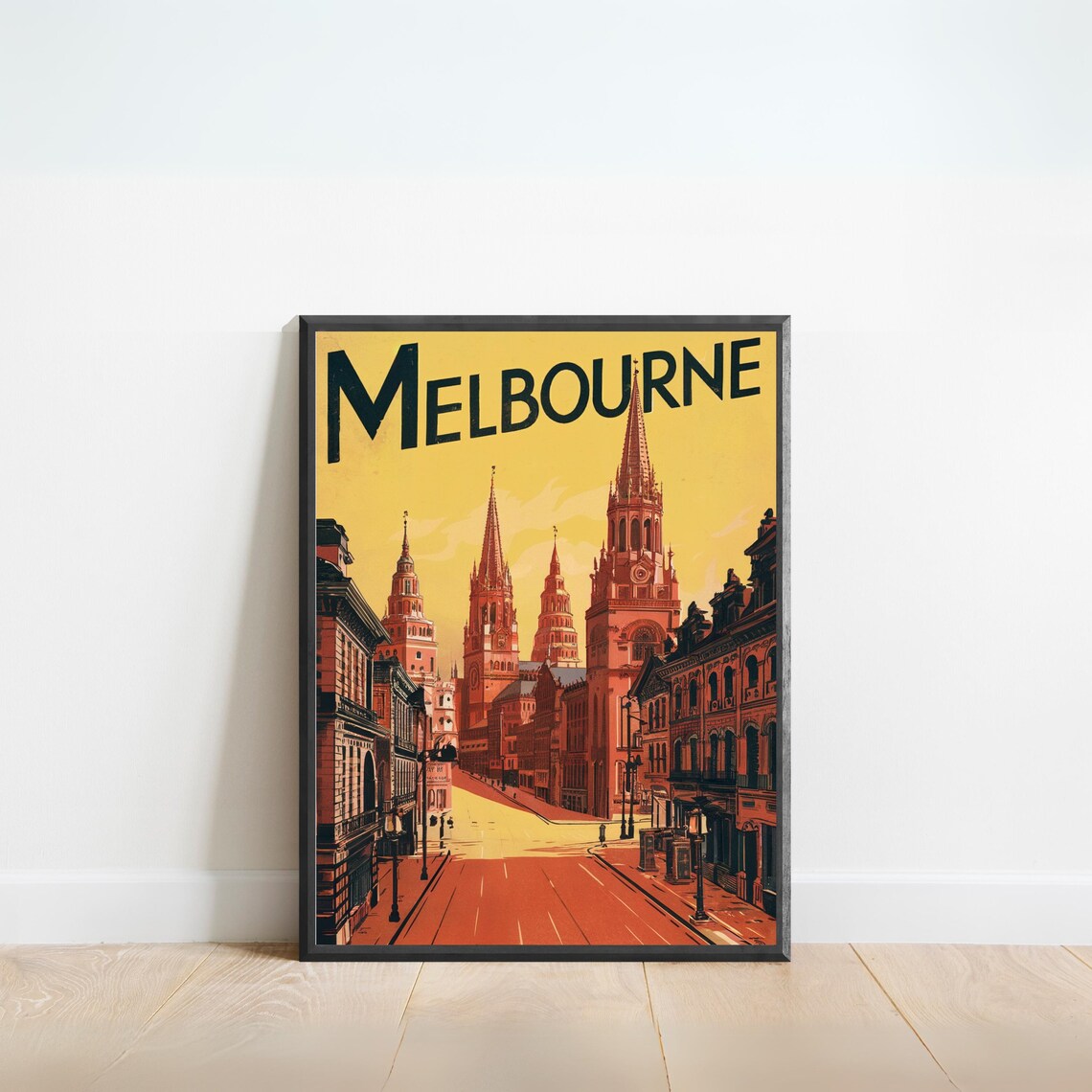 Melbourne Australia Cathedral Spires Vintage City Travel Poster