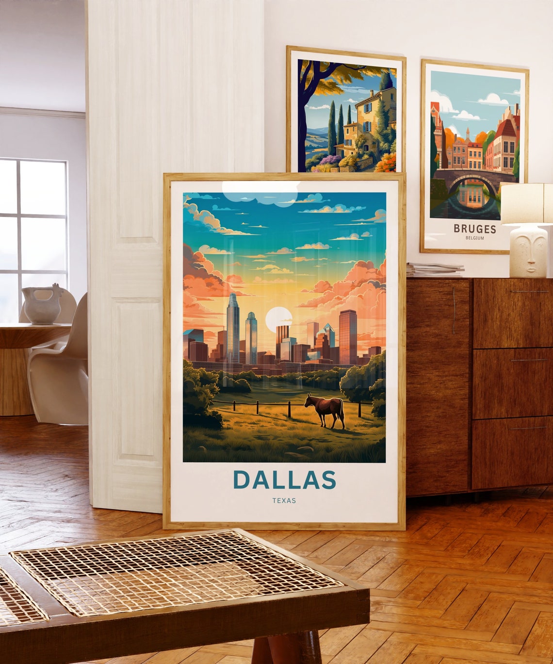 Dallas Texas Skyline Horse Prairie Sunset Scene Travel Poster - Image 5